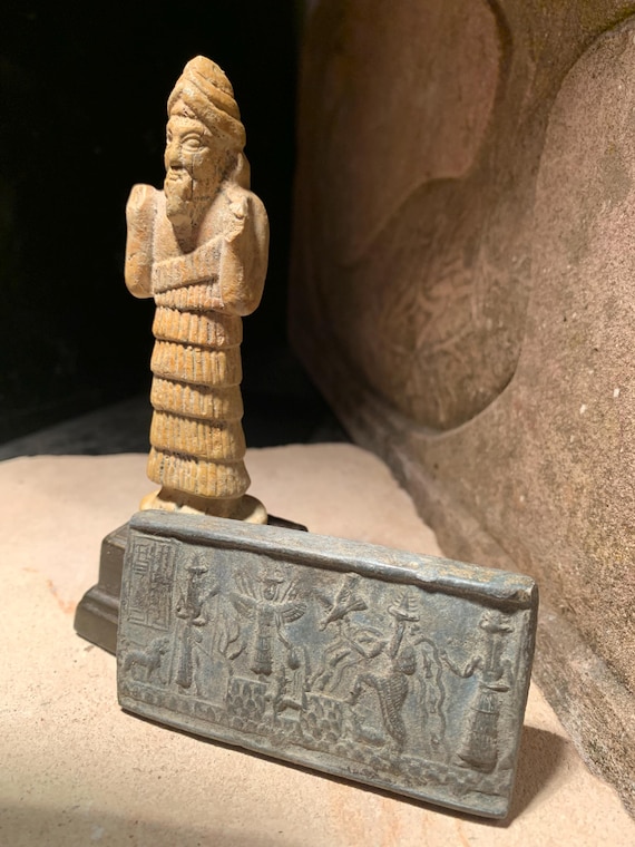 Sumerian statue and seal impression replica. Enki, Ishtar, Shamash & Ninurta