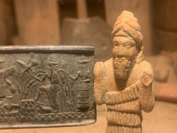 Sumerian statue and seal impression replica. Enki, Ishtar, Shamash & Ninurta