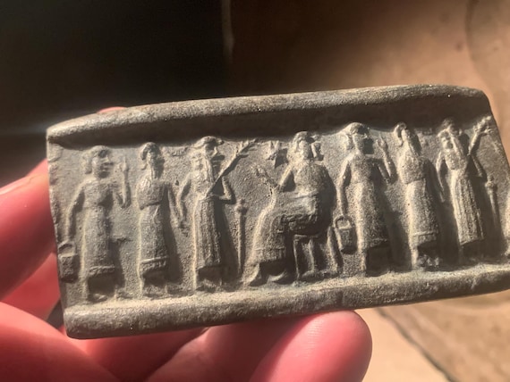 Sumerian / Akkadian Ishtar and Enlil cylinder seal and impression  harvest replica.