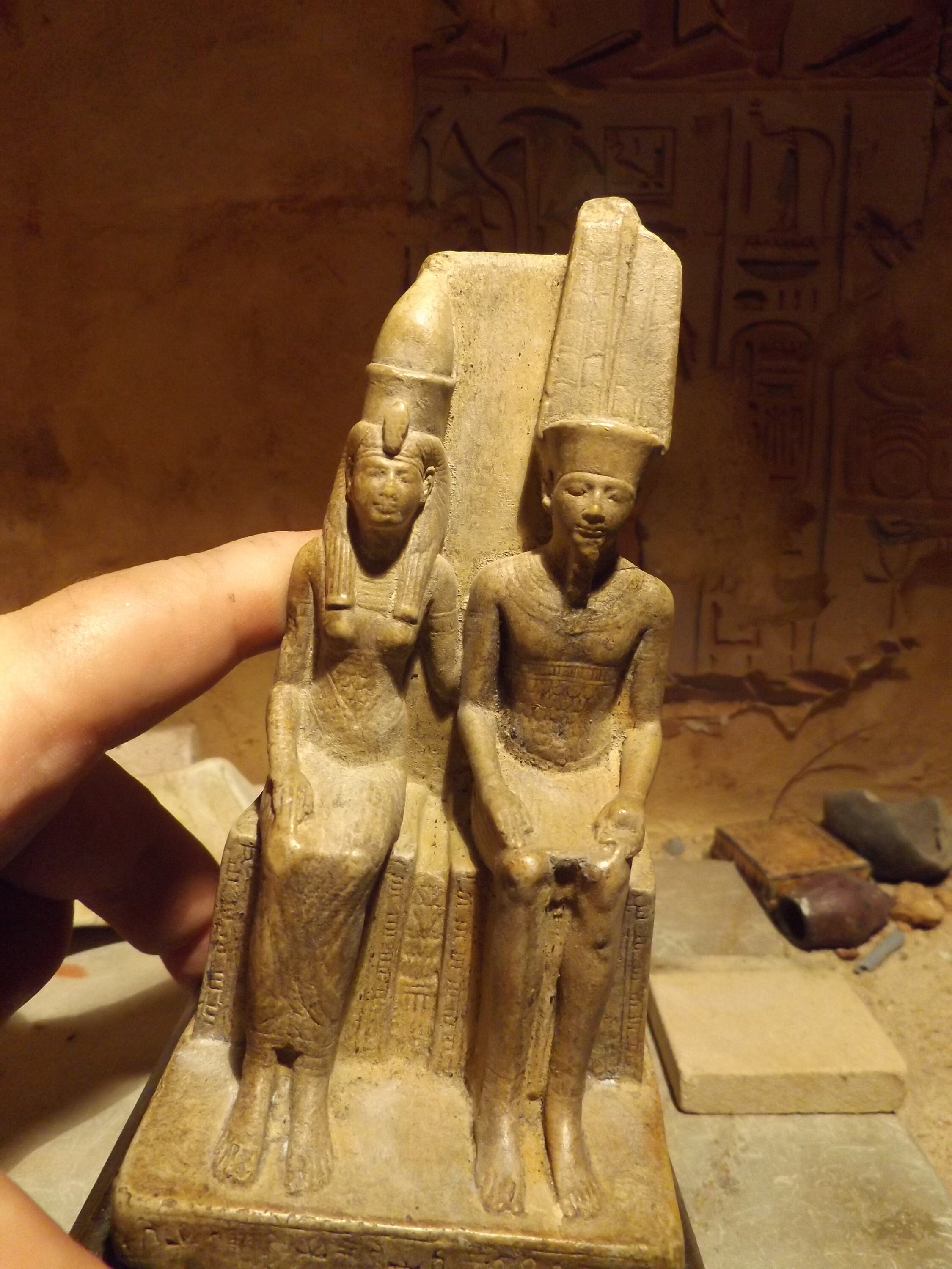 Egyptian museum statue replica of the God Amun & wife Mut. Ancient Egyptian mythology