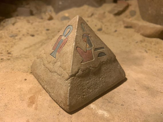 Egyptian Pyramid featuring Maat, the Tyet knot of Isis / Aset, cartouche of Thutmose & a lotus flower.