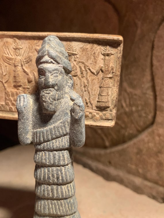 Sumerian statue and seal impression replica. Enki, Ishtar, Shamash & Ninurta