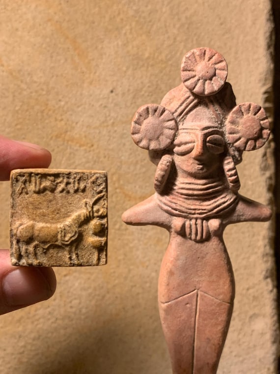 Indus Valley goddess statue and seal replica set Mohenjo Daro Ancient writing Harappan civilisation