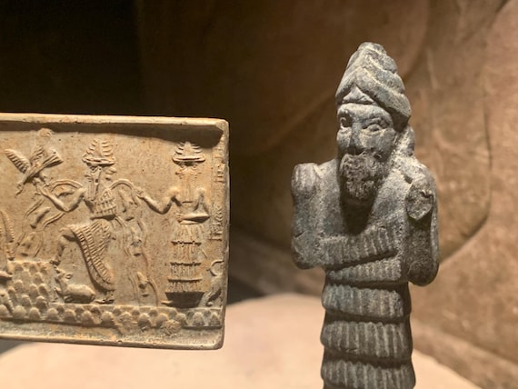 Sumerian statue and seal impression replica. Enki, Ishtar, Shamash & Ninurta