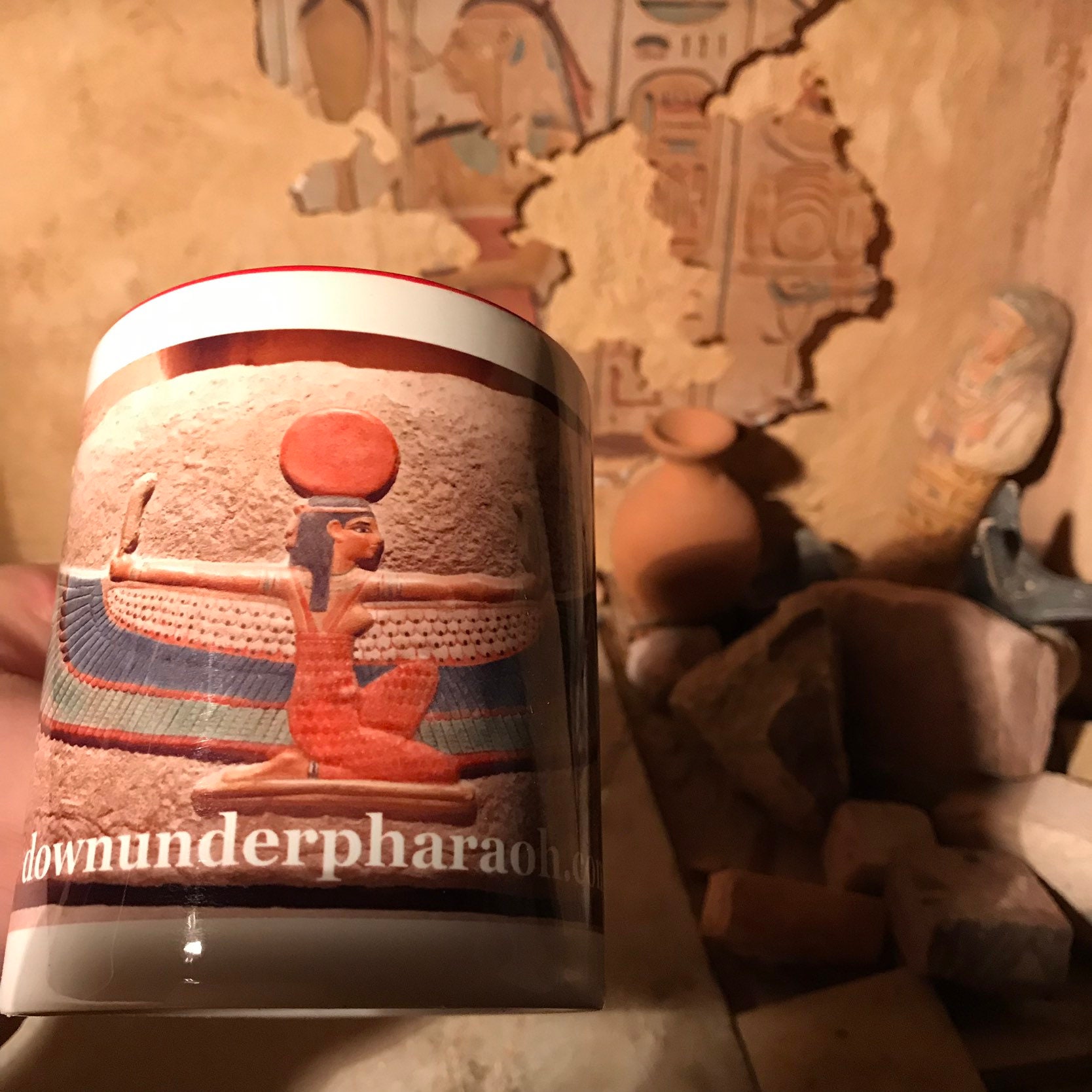 Egyptian coffee or tea cup featuring the goddess Maat. Ancient Egypt art.