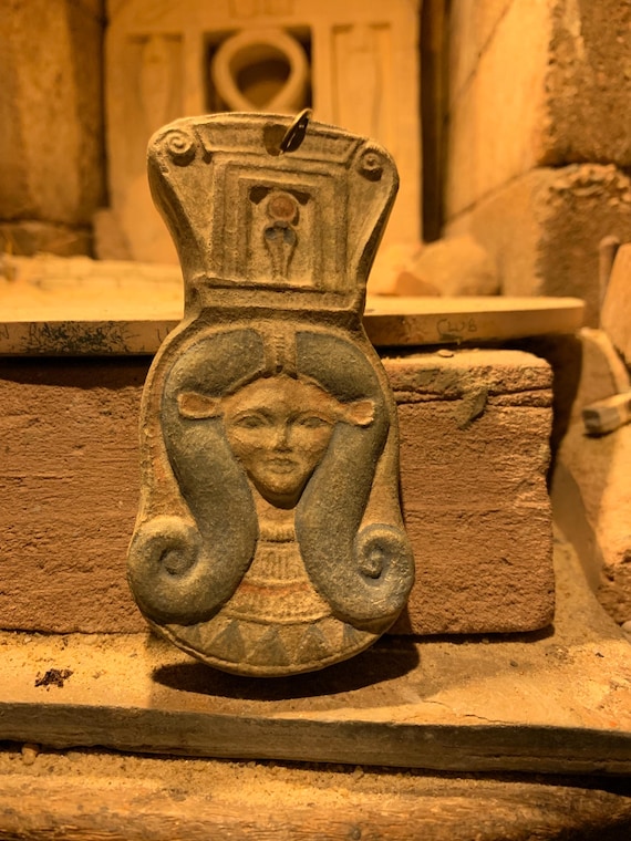 Egyptian art - Hathor / Het-Hur- Goddess of love and music. Hanging amulet. Sistrum form - spiral wig