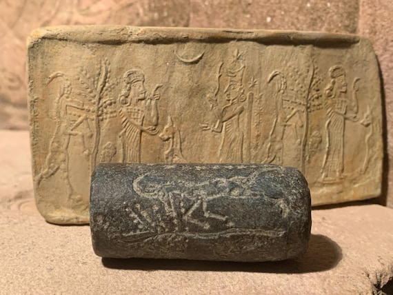 Powerful healing Goddess Gula and her dog. Neo Assyrian cylinder seal & impression replica