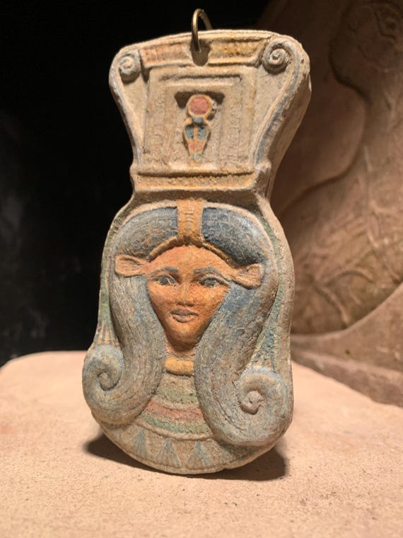 Egyptian art - Hathor / Het-Hur- Goddess of love and music. Hanging amulet. Sistrum form - spiral wig