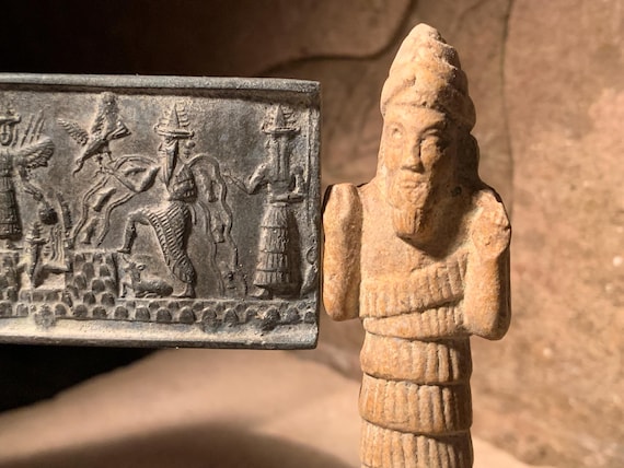 Sumerian statue and seal impression replica. Enki, Ishtar, Shamash & Ninurta