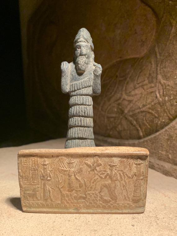 Sumerian statue and seal impression replica. Enki, Ishtar, Shamash & Ninurta