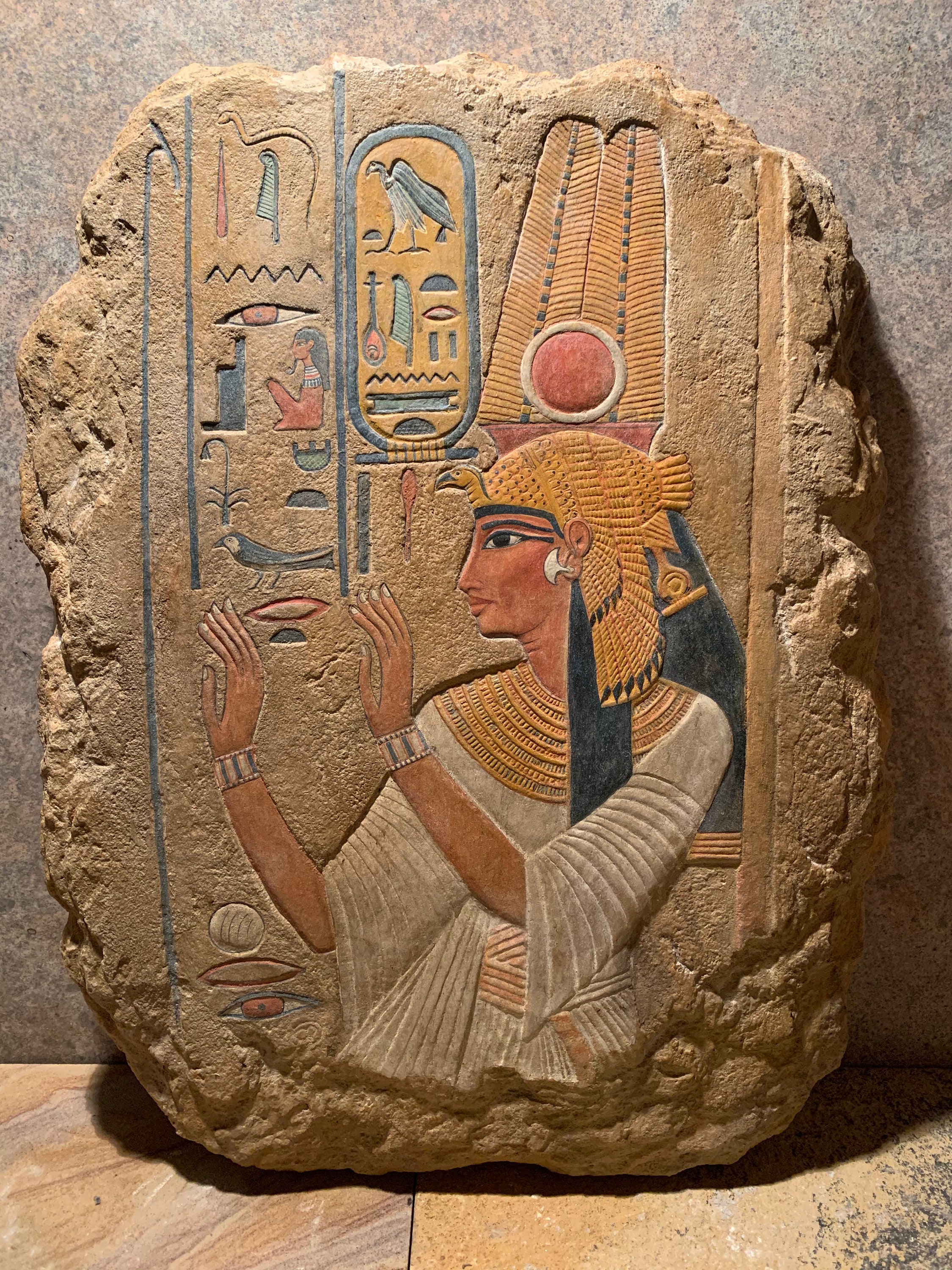 Egyptian art sculpture painted relief carving of queen nefertari 