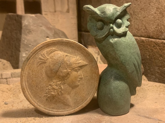 Athena / Minerva - Greek / Roman art goddess of wisdom + Owl statue mascot