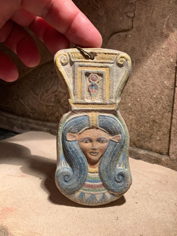Egyptian art - Hathor / Het-Hur- Goddess of love and music. Hanging amulet. Sistrum form - spiral wig