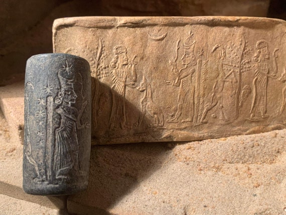 Powerful healing Goddess Gula and her dog. Neo Assyrian cylinder seal & impression replica