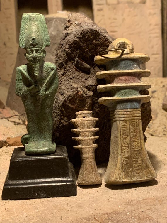 Osiris  Egyptian statue / sculpture including ceremonial Djed pillars - God of the afterlife & beloved of the Goddess Isis