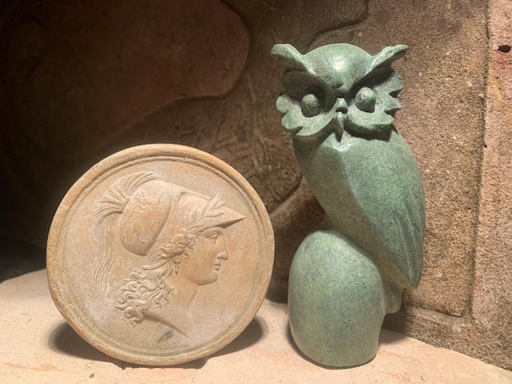 Athena / Minerva - Greek / Roman art goddess of wisdom + Owl statue mascot