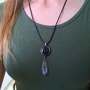 BLACK FEATHER, unique, statement pendant necklace, boho, long necklace, feather pendant, aged silver necklace, retro look, vintage style