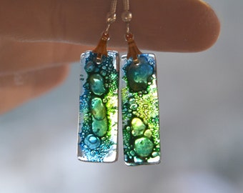 Glass earrings in intense colors GREEN & BLUE with plenty bubbles inside, statement earrings, boho, unique, stylish jewelry, eyecatchy