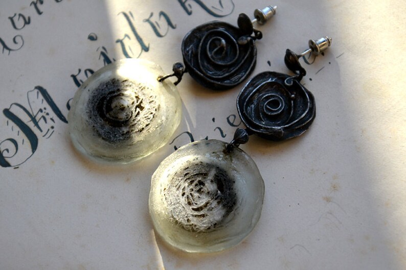 GRAY ROSES statement earings long dangling earings rustic retro earings with mysterious glass old silver earings grey dangle earings