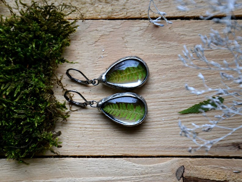 real fern terrarium drop earrings forest wild rustic statement earrings dry flowers dangle dangling earrings romantic boho gypsy jewelry