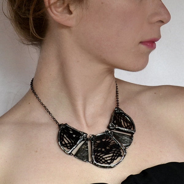 BLACK LACE, retro, bohemian, decorative, necklace, one of a kind, statement necklace, black vintage necklace, large black old style jewelry