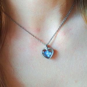 Könnte beinhalten: Eine silberne Kettenkette mit einem herzförmigen Anhänger. Der Anhänger enthält eine gepresste blaue Blume.