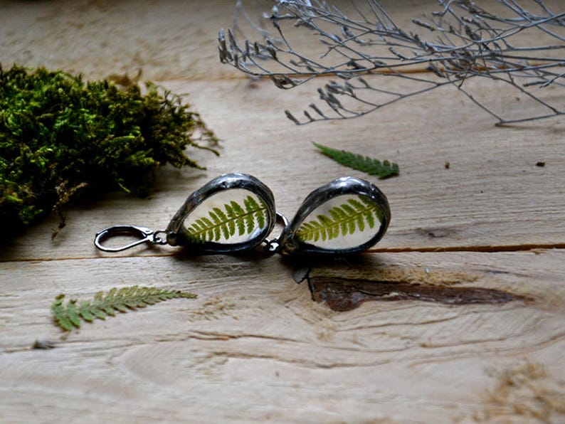 real fern terrarium drop earrings forest wild rustic statement earrings dry flowers dangle dangling earrings romantic boho gypsy jewelry