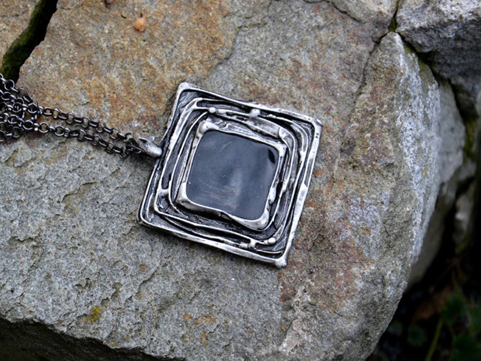 Square Pendant Necklace in Black