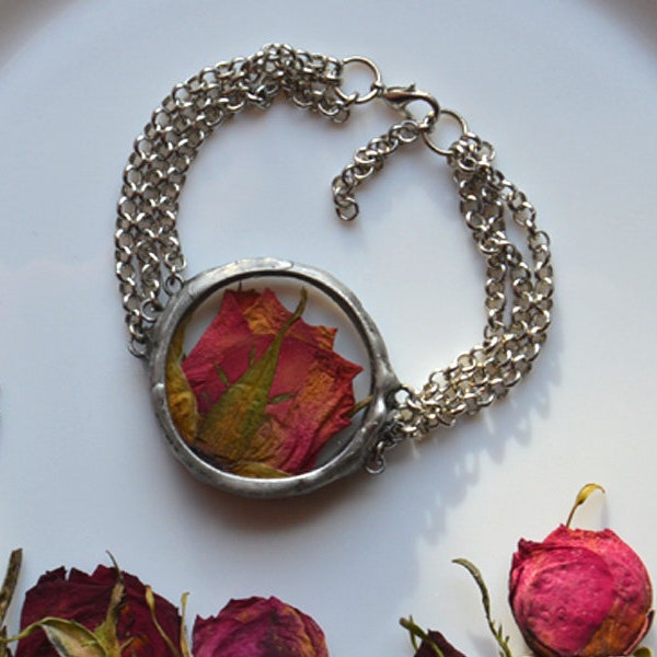 ROSE rouge terrarium bracelet déclaration rétro verre bracelet bracelet en argent décoratif gypsy élégant noir grand bracelet ooak boho love