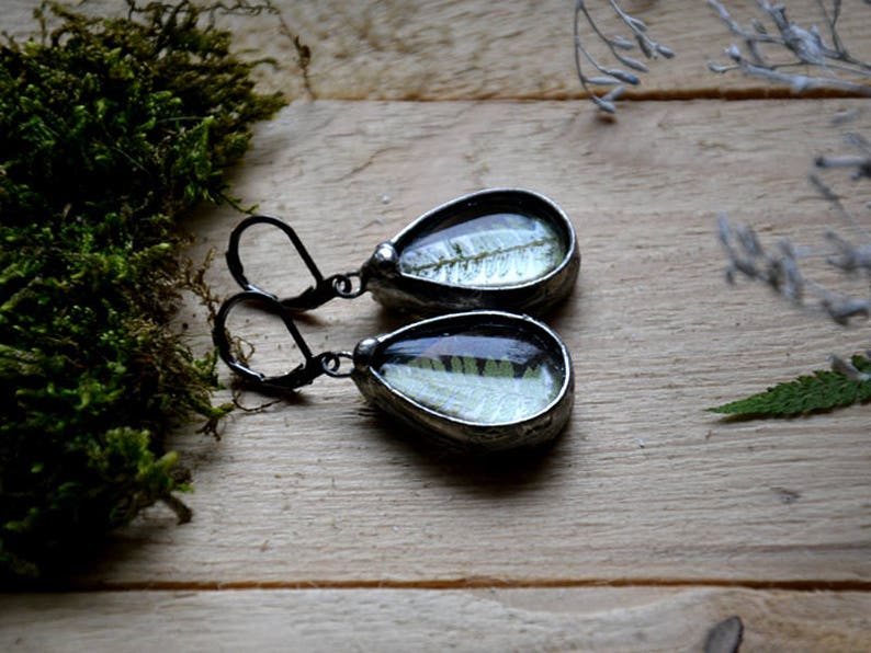 real fern terrarium drop earrings forest wild rustic statement earrings dry flowers dangle dangling earrings romantic boho gypsy jewelry