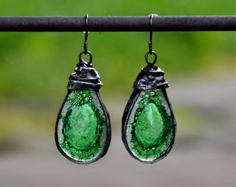 Bohemian earrings, drop earrings with mysterious GREEN glass, statement earrings, old silver dangle earrings, rustic, green earings, vintage