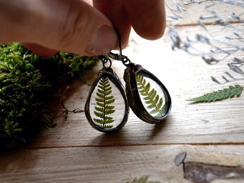 real fern terrarium drop earrings forest wild rustic statement earrings dry flowers dangle dangling earrings romantic boho gypsy jewelry