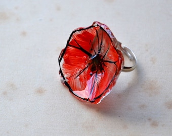 Romantic ring with RED flower, STATEMENT ring, hippie ring, spring ring, coctail red ring, adjustable ring, boho red jewelry