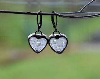 tiny white glass hearts dangle earrings statement drop earrings romantic love rustic elegant bohemian dangling OOAK bridesmaids earringss