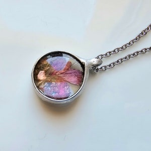 DELICATE IN VIOLET, terrarium meadow floral pendant necklace, nature inspired necklace,  gift for her, ooak, silver color jewelry, elegant