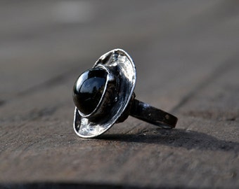 GLASS BALL wrapped dark silver, rustic ring, adjustable ring, crystal glass jewelry, elegant ring, druzy ring