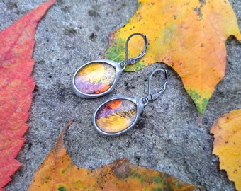 AUTUMN earrings, intense colors, colorfull, optimsistic, floral, rustic, dark silver earrings, dangle earrings, dried flowers, unique,