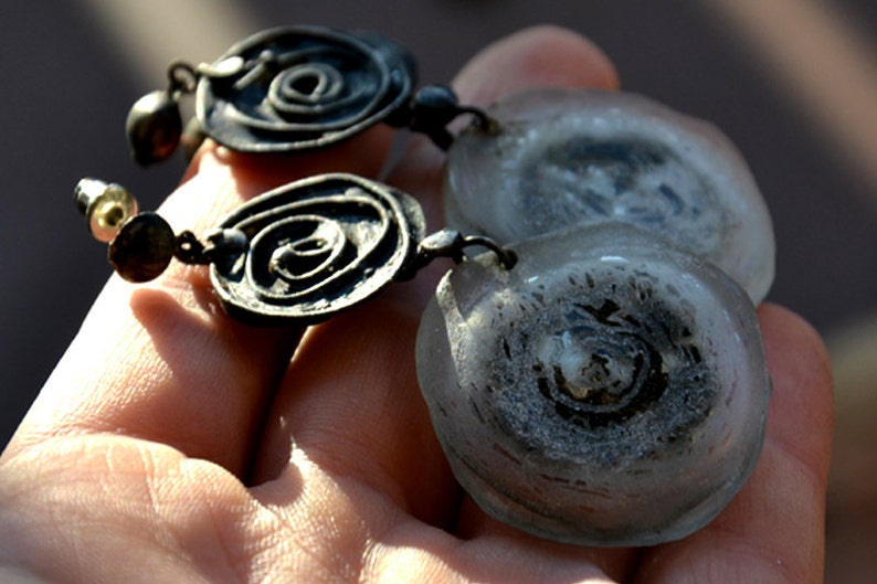 GRAY ROSES statement earings long dangling earings rustic retro earings with mysterious glass old silver earings grey dangle earings