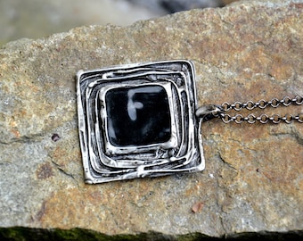 BLACK SQUARE statement pendant necklace large chunky long necklace unisex rustic aged silver pendant vintage style retro look