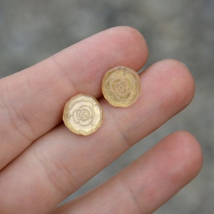 Tiny, gold glass earrings with engraved ROSES, elegant stud earrings, romantic jewelry, roses earrings, gold studs, nickel free studs
