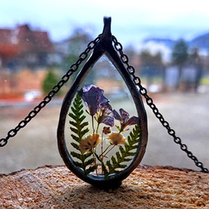 LITTLE MEADOW dried flowers terrarium pendant necklace bohemian jewelry forest unique statement necklace for a gift inspired by nature
