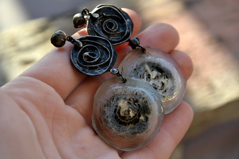 GRAY ROSES statement earings long dangling earings rustic retro earings with mysterious glass old silver earings grey dangle earings