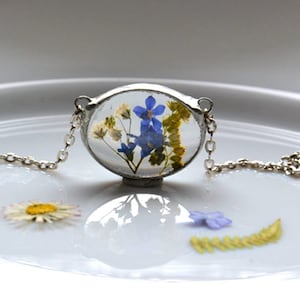 colorful necklace with wildflowers II, terrarium pendant nature necklace bohemian statement necklace gift for her natural summer