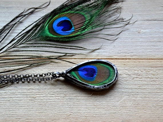 Real Peacock Feather Pendant Necklace Terrarium Rustic Bohemian