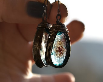 Bohemian earrings TURQUOISE DROPS, drop earrings with mysterious glass, statement earrings, old silver dangle earrings, ooak