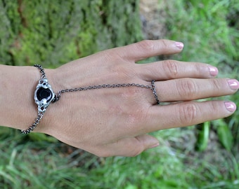 BOHEMIAN BLACK, slave bracelet, chain bracelet, one of kind, hippie style, statement bracelet with feather, ring bracelet, gift for her