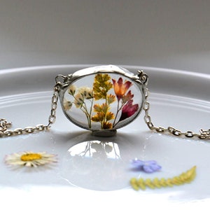 colorful necklace with wildflowers, terrarium pendant nature necklace bohemian statement necklace gift for her natural summer