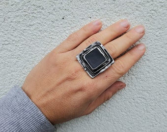 BLACK SQUARE, statement ring, rustic big ring, simple black ring, bohemian ring, adjustable ring, coctail black ring, ring for romance