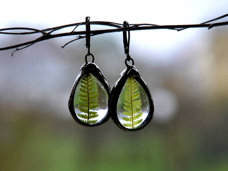 real fern terrarium drop earrings forest wild rustic statement earrings dry flowers dangle dangling earrings romantic boho gypsy jewelry