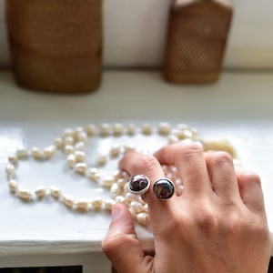 Silver &quot;We&quot; Ring with Gray Baroque Pearls - Rough Baroque Pearls Set in Silver Ethnic style Hand Carved Geometric Circular Lines Ring